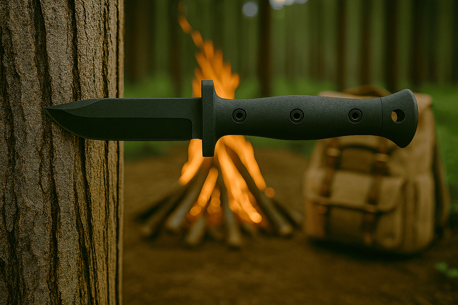 Aqui você encontra o Review de Faca da sua próxima compra, faca cravada em arvore com fogueira e mochila em segundo plano